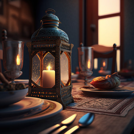 Lantern with burning candles on the table. 3d renderingの素材