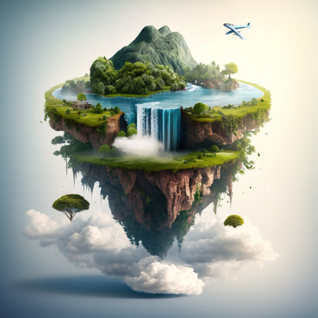 Floating island with waterfalls and clouds. 3d illustration.の素材