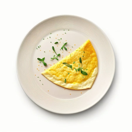 Plate with tasty omelet on white background, top viewの素材