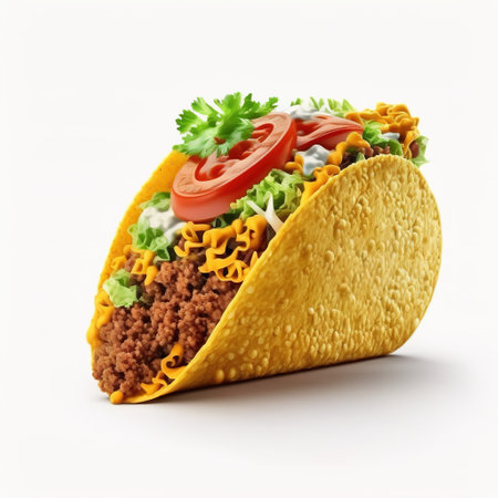 Taco with meat and vegetables isolated on white background. 3d illustrationの素材