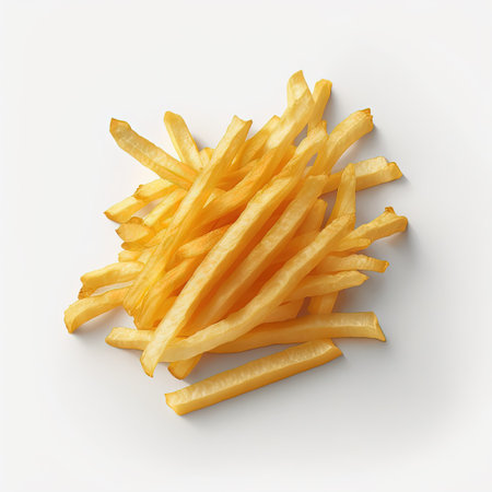 Golden French fries potatoes isolated on white background. Top view. 3d illustrationの素材