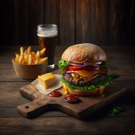Cheese burger - American cheese burger with Golden French fries and a glass of beerの素材