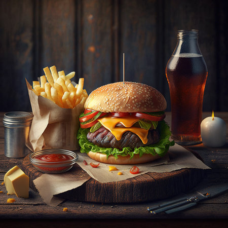 Cheese burger - American cheese burger with Golden French fries and ketchupの素材