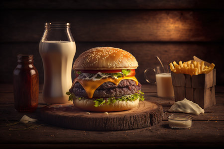 Cheeseburger with french fries and glass of milk on wooden backgroundの素材