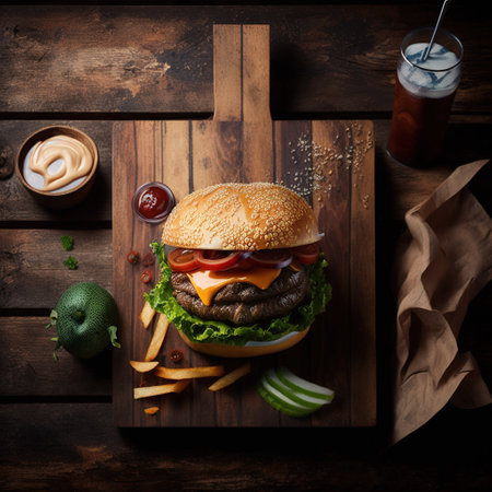 Cheese burger - American cheese burger with fresh salad on wooden backgroundの素材