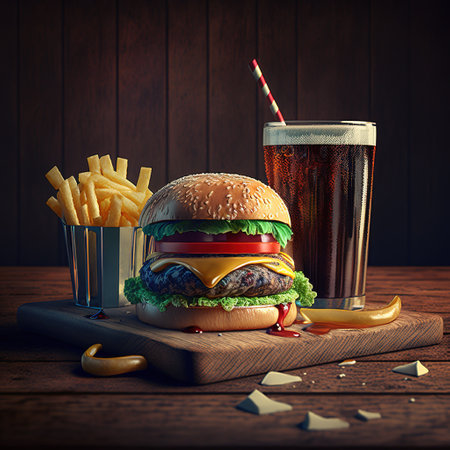 Hamburger and cola with french fries on wooden table.の素材