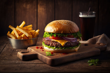 Cheese burger - American cheese burger with Golden French fries on wooden backgroundの素材
