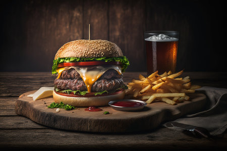 Cheese burger - American cheese burger with Golden French fries on wooden backgroundの素材