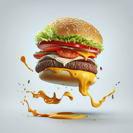 Burger with cheese, tomato and lettuce. 3d rendering.の素材