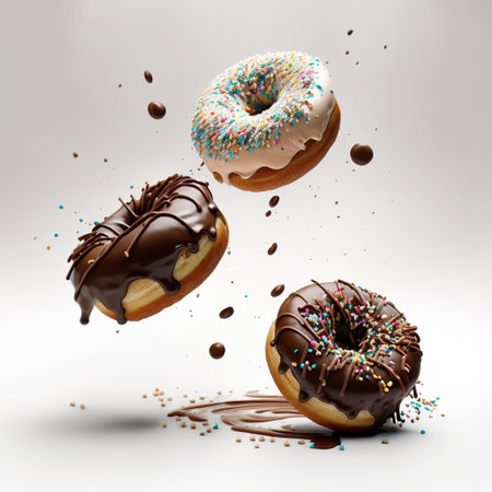 Flying donuts with chocolate and sprinkles isolated on white background.の素材