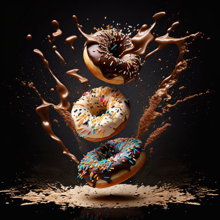 Donuts with chocolate splash isolated on black background. 3d illustrationの素材