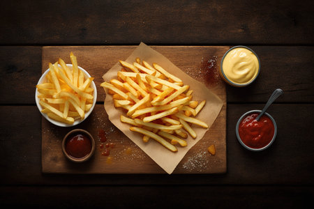 French fries with ketchup and mayonnaise on wooden background. Top viewの素材