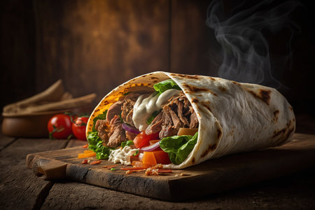 Tortilla wrap with meat, vegetables and sauce on wooden backgroundの素材