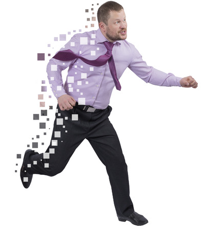 Running businessman in a hurry on white backgroundの写真素材
