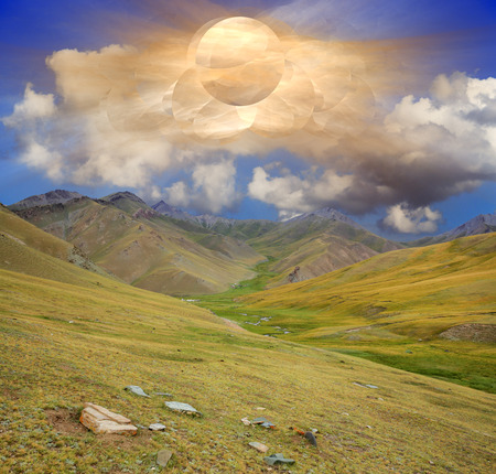 Fantastic sunrise over mountain valleyの写真素材