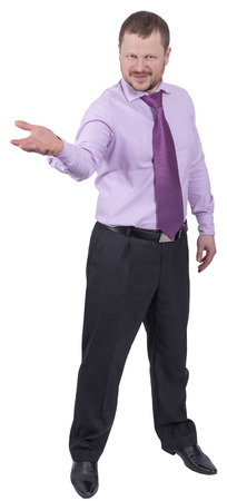 Businessman holding his right hand out, palm up on white backgroundの写真素材