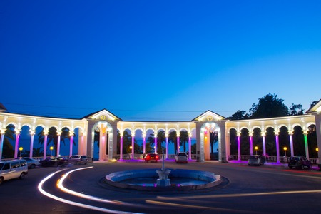 Colonnade night view with red headlights tracesの写真素材