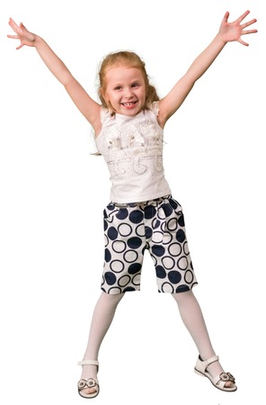 Little girl jumping isolated on white backgroundの写真素材