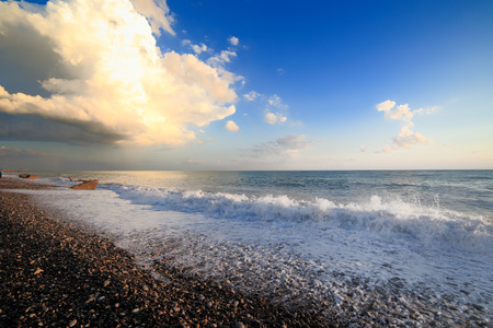 Seashore with breakewater tide water beach landscapeの写真素材