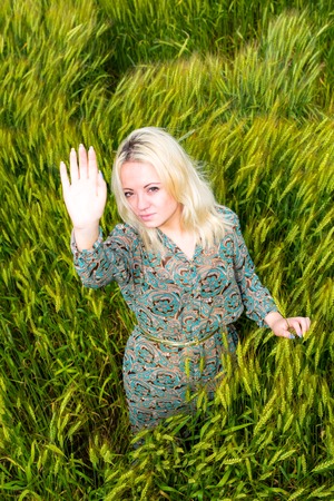 Attractive young blonde woman in rye fieldの写真素材