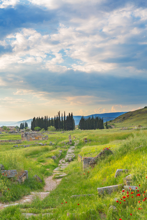 Scenery view of grass valley with road and mountains on backgroundの写真素材