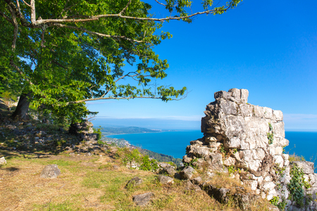 Ancient ruins on seashore aerial view backgroundの写真素材