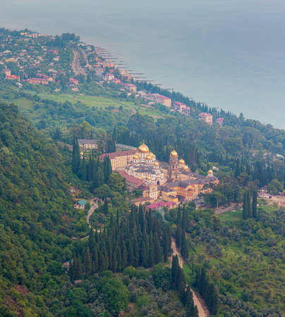 Simon the Zealot monastery at New Athos, Abkhazia, aerial view
