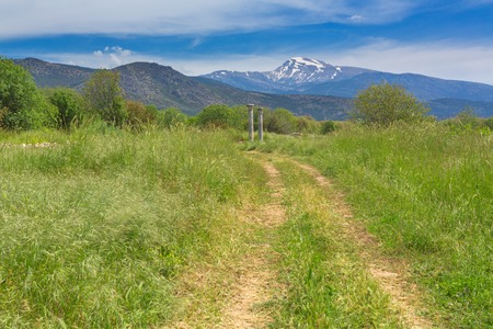 Scenery view of mountain valley with antique columns and path through the grassの写真素材