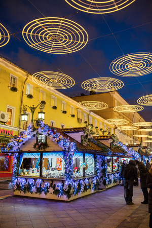 MOSCOW, RUSSIA - JANUARY 25, 2016: Kamergersky lane, Decoration and illumination for New Year and Christmas holidays at nightのeditorial素材