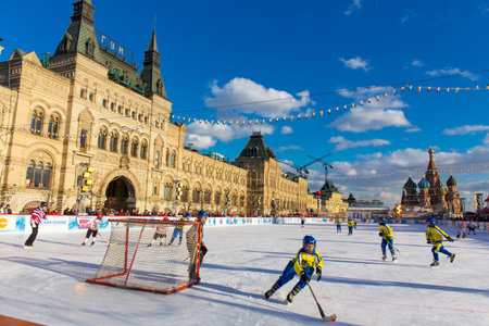 MOSCOW, RUSSIA - FEBRUARY 27, 2016: Winter view on Red Square with GUM and skate rink
