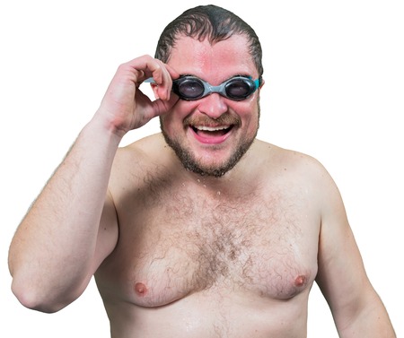 Bearded wet man in goggles on white backgroundの写真素材