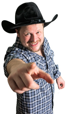 Cowboy man at plaid shirt with black hat on white backgroundの写真素材