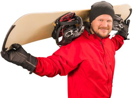 Man in red jacket standing with snowboard on white backgroundの写真素材