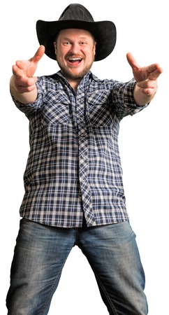 Cowboy man at plaid shirt with black hat on white backgroundの写真素材