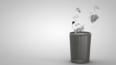 3D illustration of waste basket with thrown away papersの写真素材