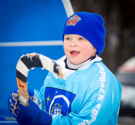 RUSSIA, KOROLEV- FEBRUARY 18, 2017: Young hockey player have a warm up training before the match on bandy tournament in Korolev, Russiaのeditorial素材