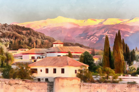 Colorful painting of old town and mountains of Sierra Nevadaの写真素材