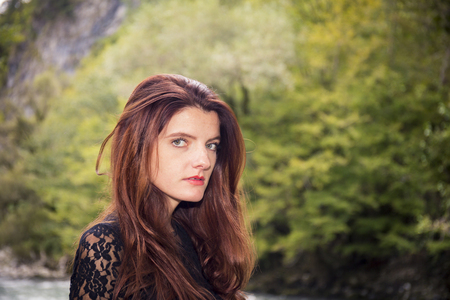 Young beautiful long hair woman portraitの写真素材