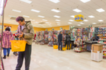 Blurred abstract background of shelf in supermarketの写真素材