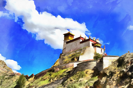 Colorful painting of Yumbu Lakhang Palaceの写真素材