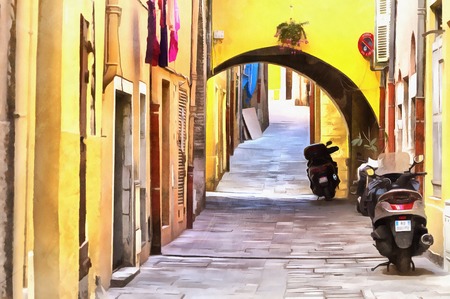 Colorful painting of street in old townの写真素材