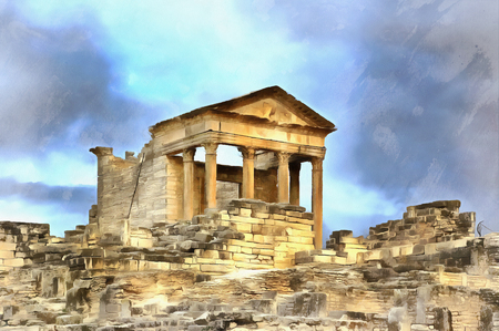 Colorful painting of Main temple, Dougga Thugga Tunisiaの写真素材