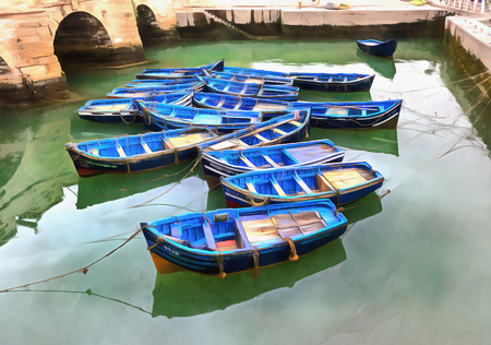 Colorful painting of blue boats at harbor, Essaouira, Moroccoの写真素材