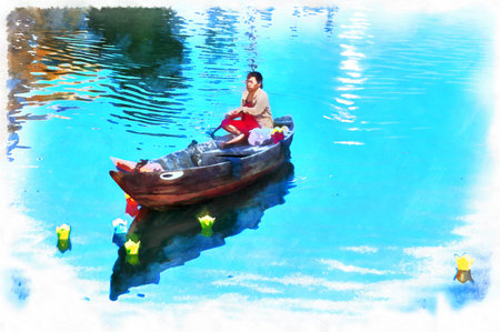 Colorful painting of evening landscape in Hoi Anの写真素材