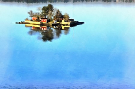 Colorful painting of seascape with islandsの写真素材