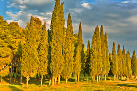 Colorful painting of beautiful landscape with cypress treesの写真素材