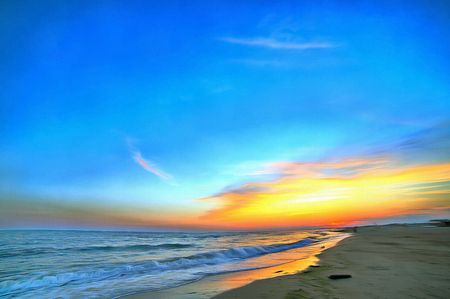 Colorful painting of seashore summer sky sunsetの写真素材