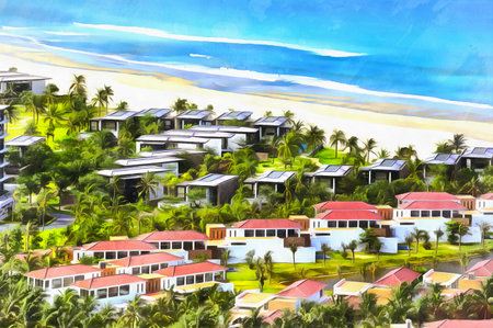 Small  town on seashore cityscape colorful paintingの写真素材