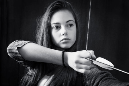 Monochrome close up portrait of young beautiful girlの写真素材