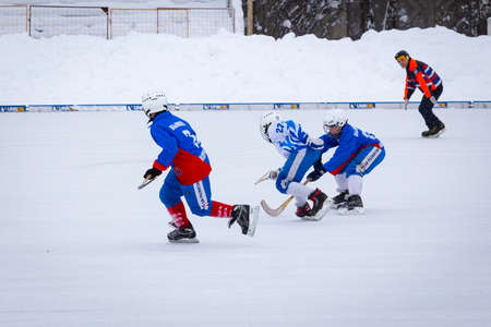 RUSSIA, KOROLEV - FEBRUARY 18, 2018: Moscow region bandy championship. BC Vympel - BC Dinamo 3:2のeditorial素材